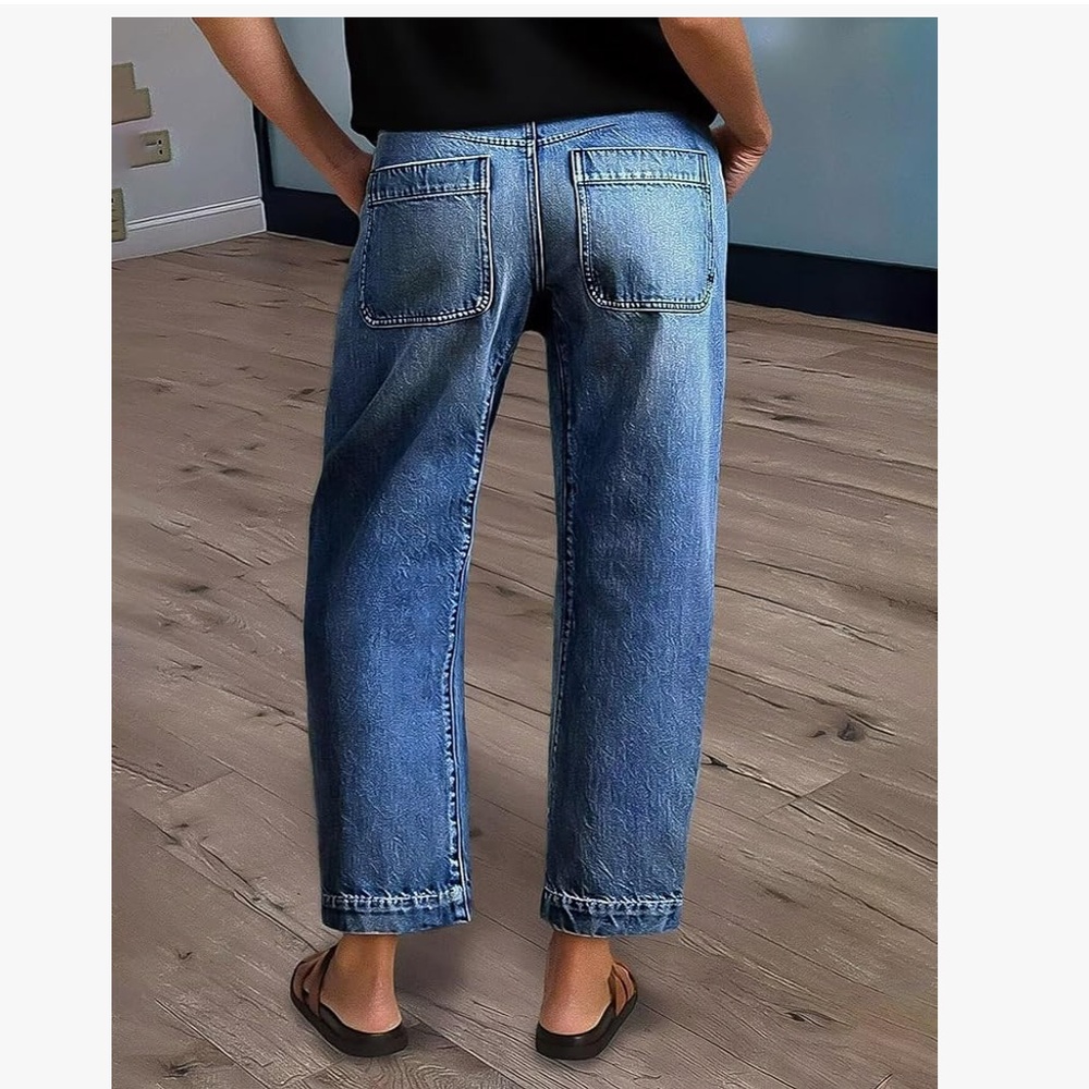Flamingals Wash Stitch Detail Mid Rise Barrel Leg Crop Jeans - Picture 2 of 6